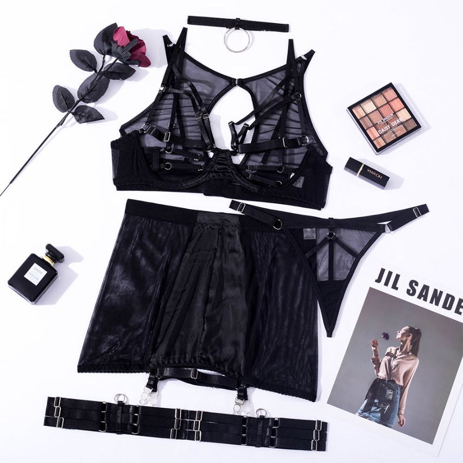 Sexy Dessous-Set aus Netzstoff mit Hüftbetonung, 5-teilig