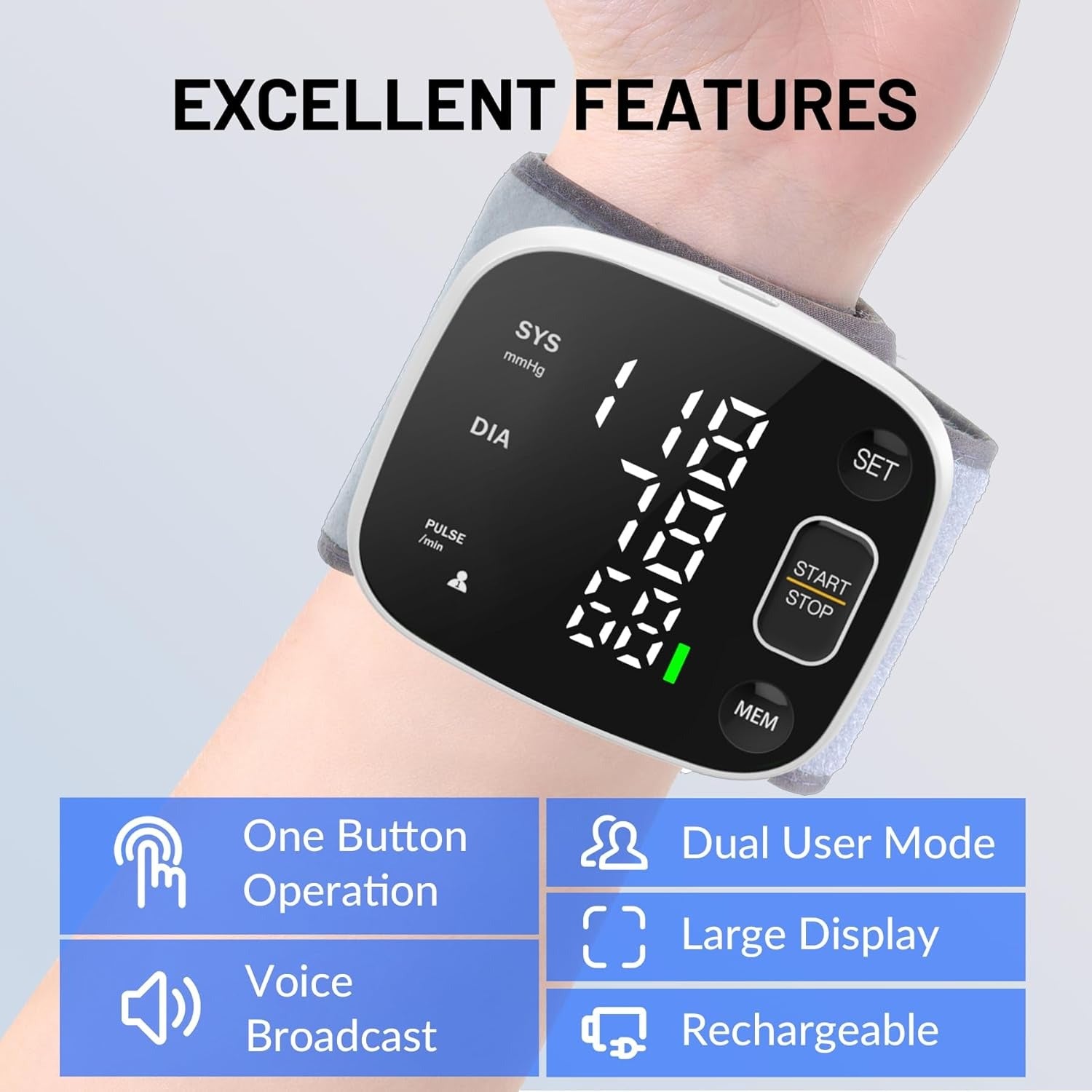 Blood Pressure Monitor Rechargeable Blood Pressure Monitors for Home Use Adjustable Automatic Wrist Cuff Voice Broadcast 2 * 120 Reading Memory for 2 Users with Carrying Case