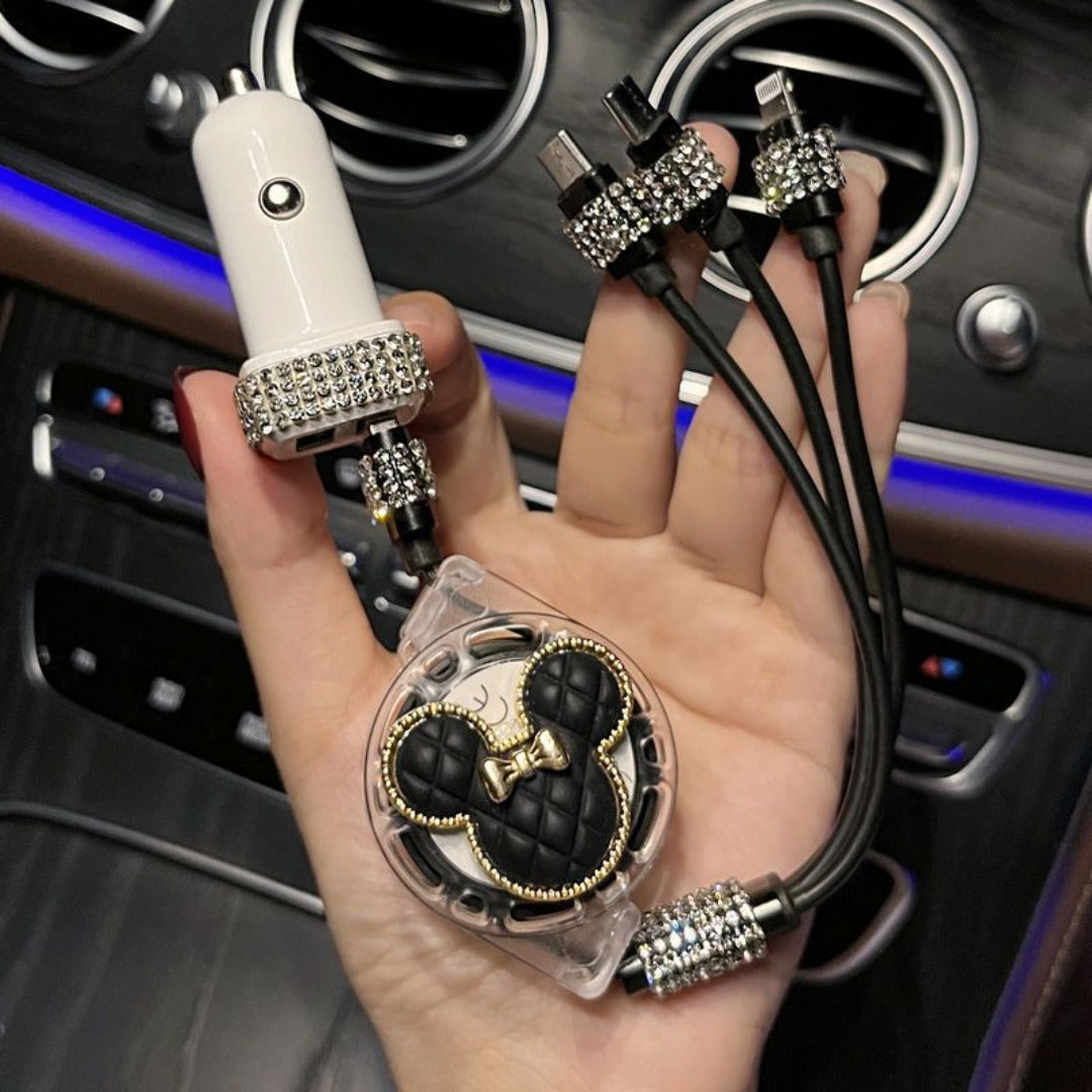 Câble de charge et de données rétractable Mickey Rhinestone pour voiture