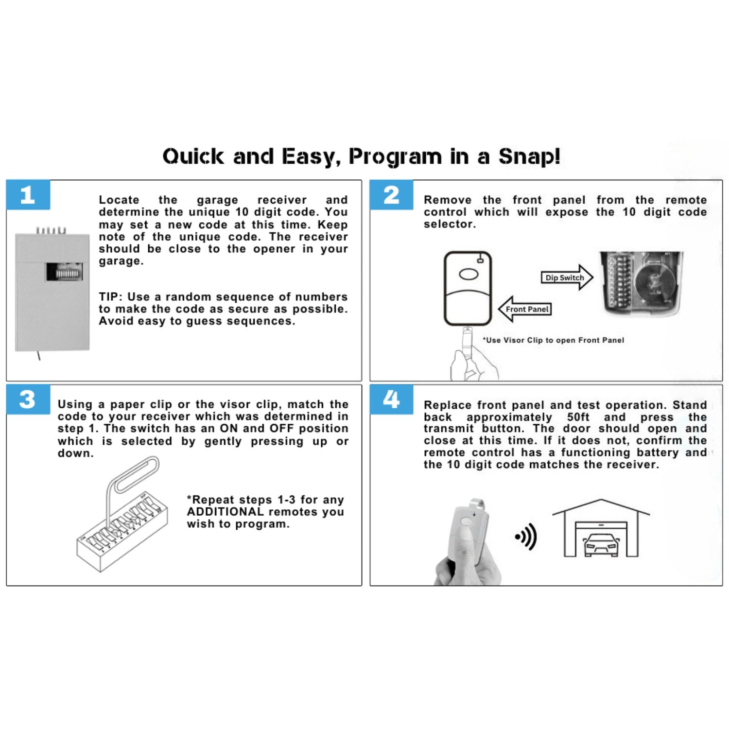 Carsine Multicode Linear 308911, 10 dip Switch Gate Opener Remote 300MHz, Multi Code Garage Door Opener Remote, Garage Clicker Replacement White / 1 PCS