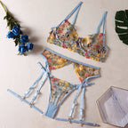 Blaues, sexy Dessous-Set, 4-teilig: T-Back mit Beinringen, G-String und Tanga