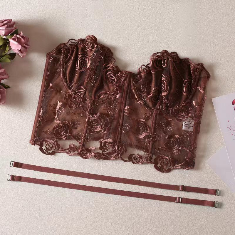 Haut tube brodé de roses avec bretelles