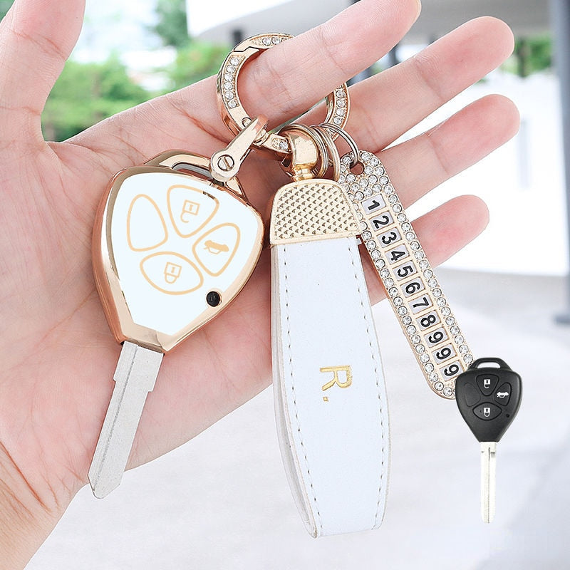 Carsine Toyota Car Key Case Golden Edge B / White / Key case + R chain