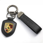 Porte-clés en cuir véritable avec écusson Porsche