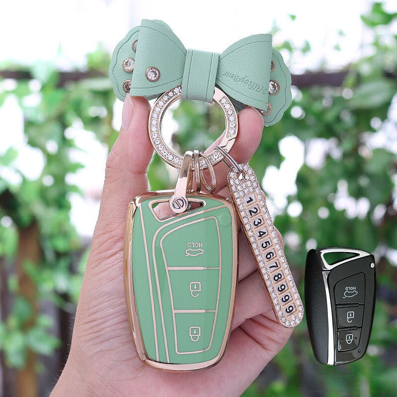 Carsine Hyundai Car Key Case Golden Edge Green / Key case + B strap