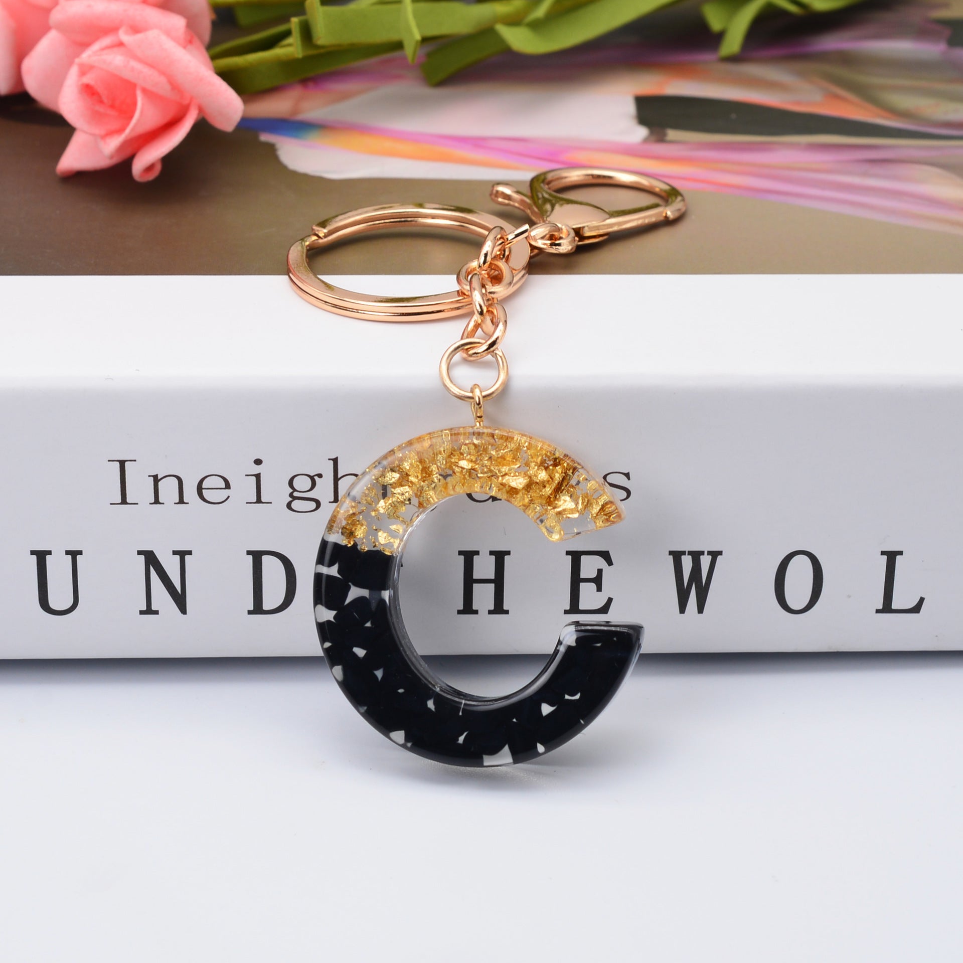 Carsine Black Pompom 26 Alphabets Keychain gold / C