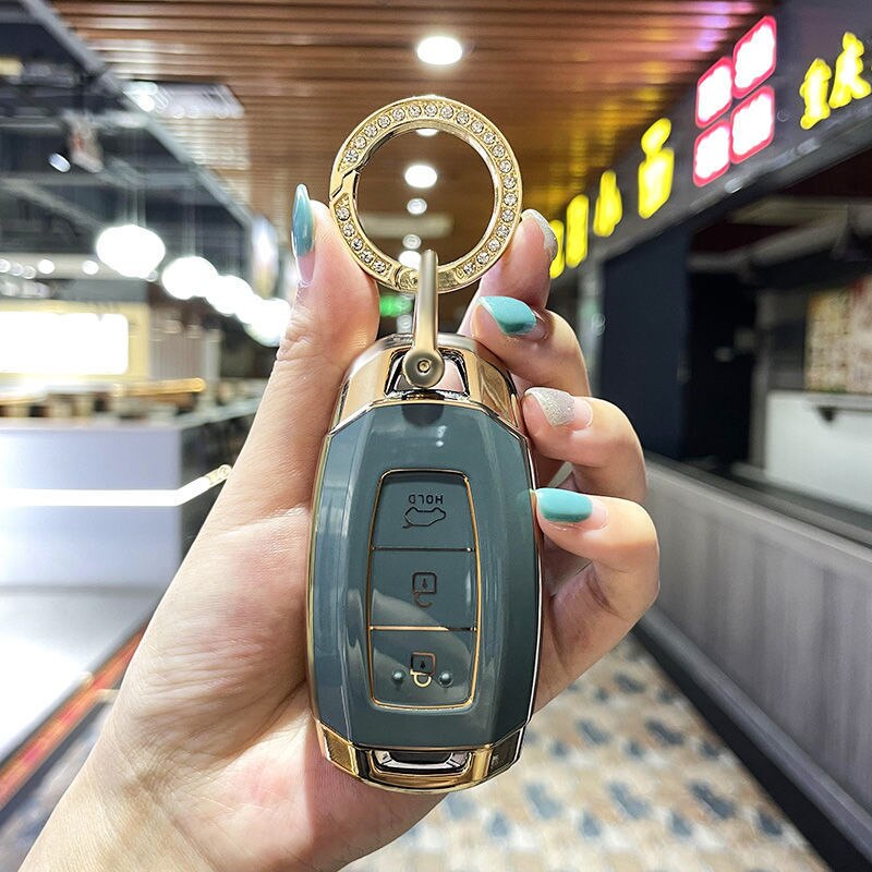 Carsine Hyundai Car Key Case Golden Edge Grey / Key case + O chain