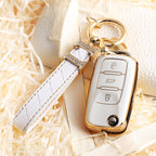 Carsine Volkswagen Car Key Case Golden Edge White / Key case + strap