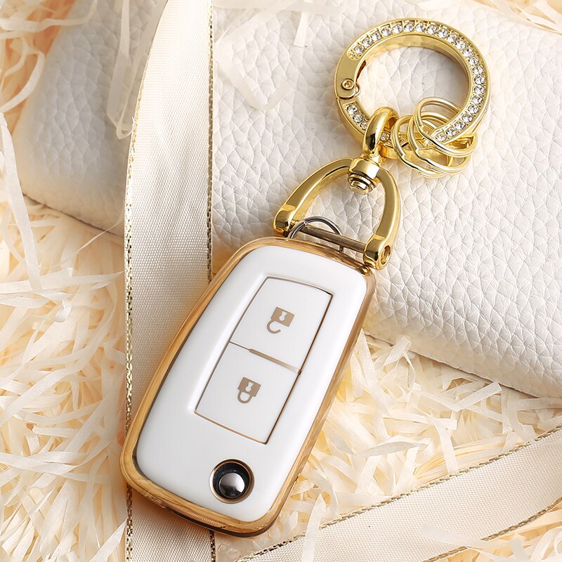 Carsine Nissan Car Key Case Golden Edge 2 Buttons / White / Key case + O chain